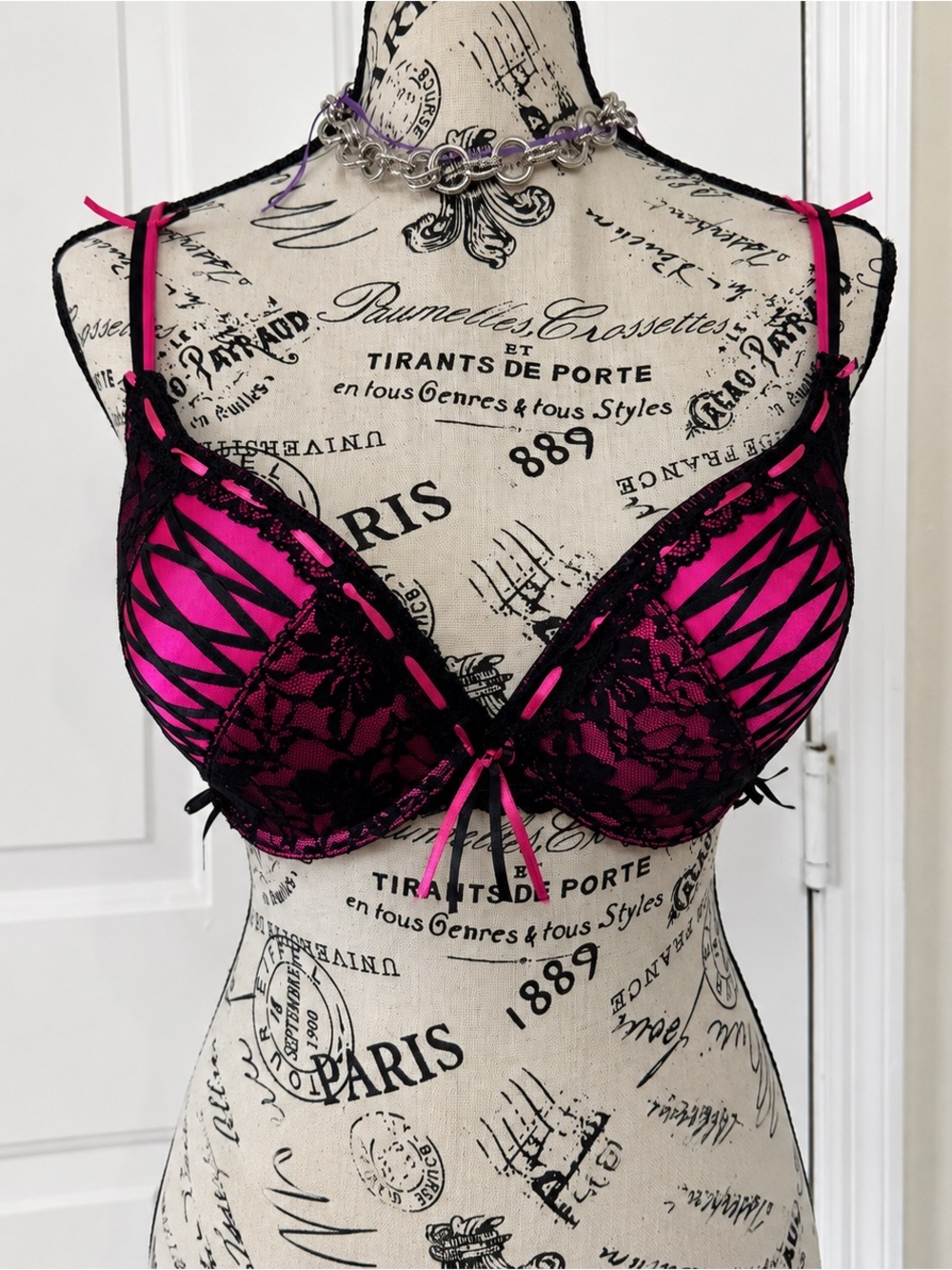 Hot Pink and Black Lace Push-Up Bra - Women Intimates